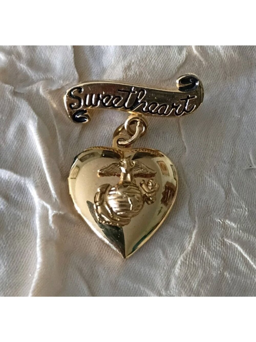 Vintage Gold Tone Marine Corps Sweetheart Heart Locket Dangle Brooch Pin USMC